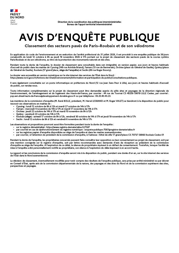 AVIS D’ENQUÊTE PUBLIQUE Classement des secteurs pavés de Paris–Roubaix et de son vélodrome