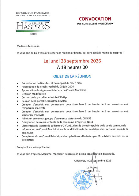 Convocation CM du 28-09-2026